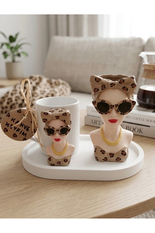 Leopard Patterned Mug and Bust Flower Pot Set, Gift Coffee Presentation Tray and Cup Set