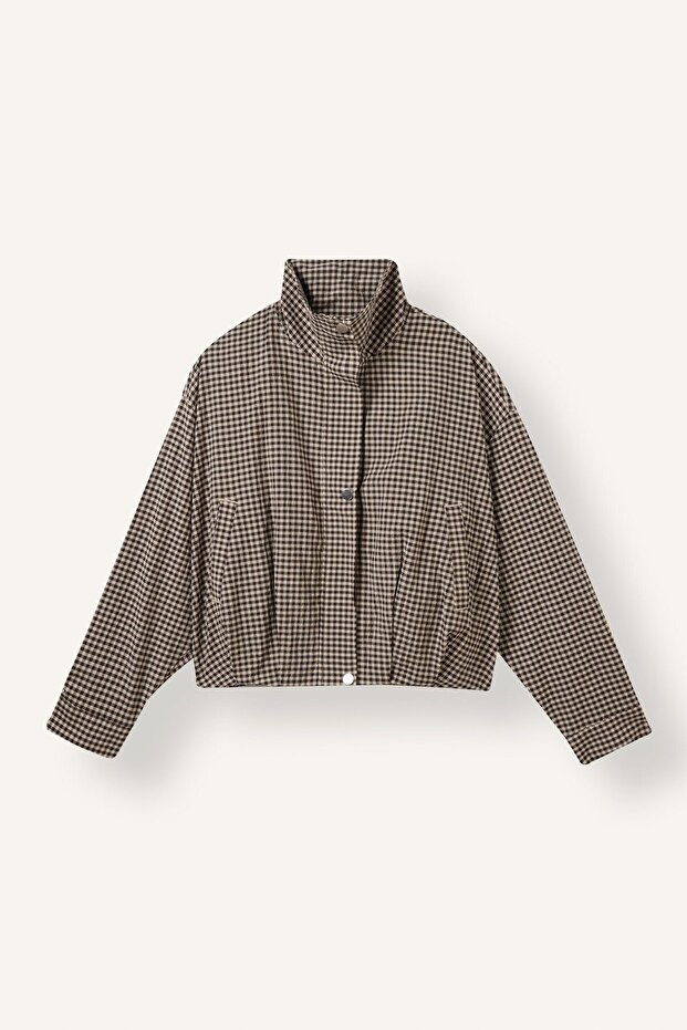 Balloon Fit Gingham Patterned Stand Collar Jacket I6748Ax26Au