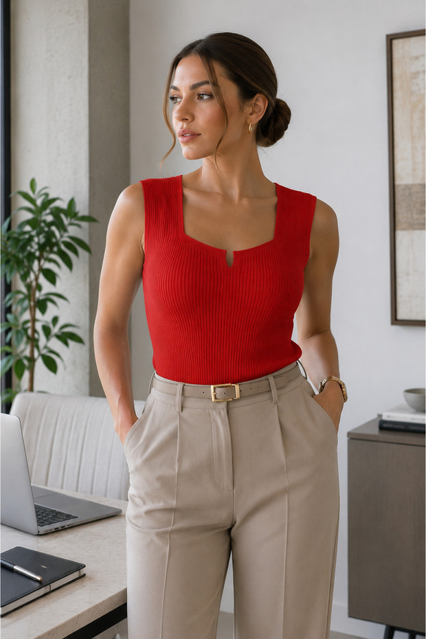 Women's Red Ribbed Knitwear Athlete Square Neck Sleeveless Thick Strap Summer Basic Blouse