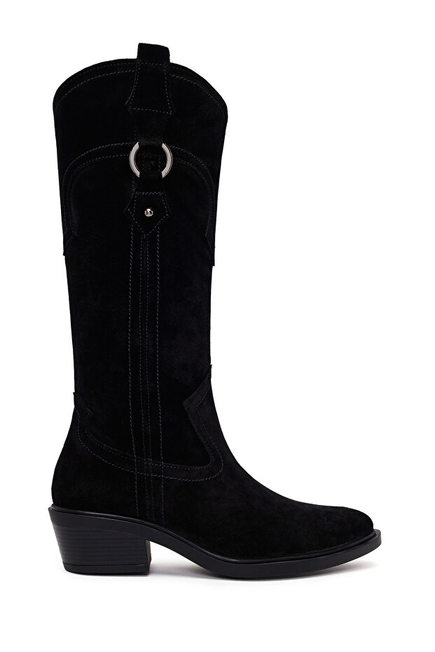 Women's Black Short Thick Heeled Suede Leather Cowboy Boots Af190037Ds