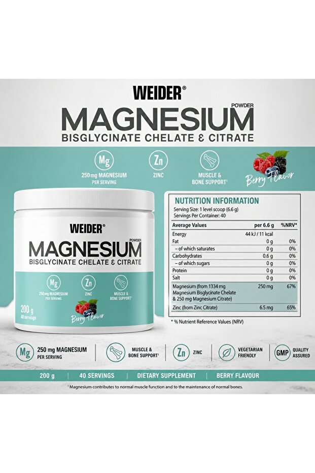 Magnesium Powder Bisglycinate and Citrate with Zinc 200g