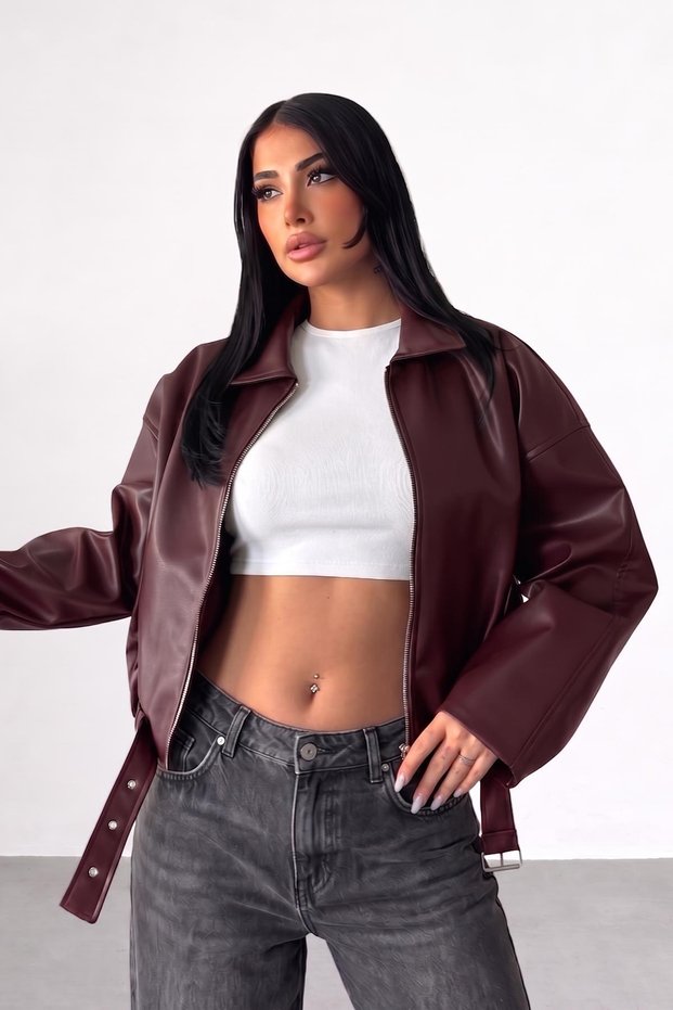 New Season Zr Oversize Bomber Belted Burgundy Leather Jacket