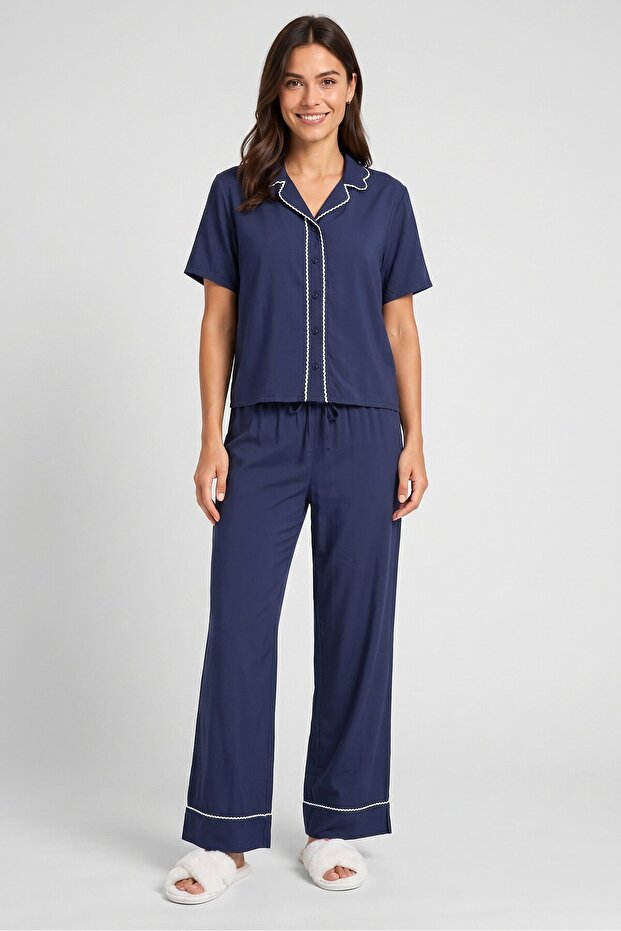 Women 2 Pieces Plain Short Sleeve Top And Pants Pajama Set, Navy Blue