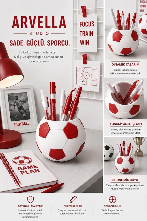 Red-White Fan Themed Desktop Pen Holder | Soccer Ball Design Pen Holder and Desktop Organizer | Decorative Pencil Case