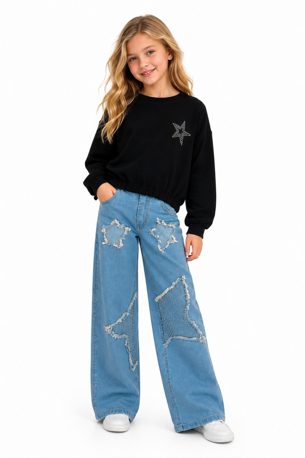 Girl's Star Embroidered Sweatshirt Wide Leg Jeans Pants Set 2-Piece Set