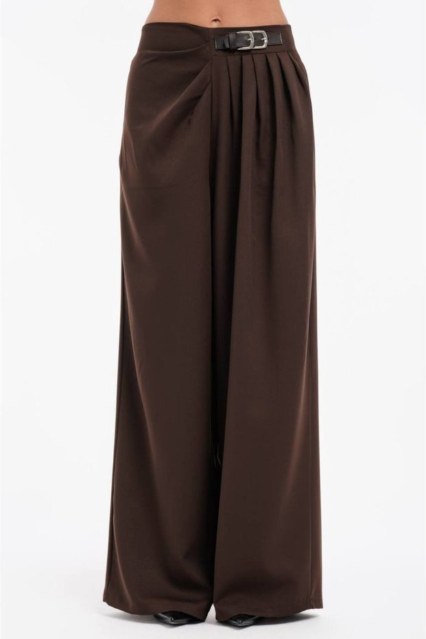Women's Leather Buckle Detailed Front Pleated Design Wide Leg Trousers