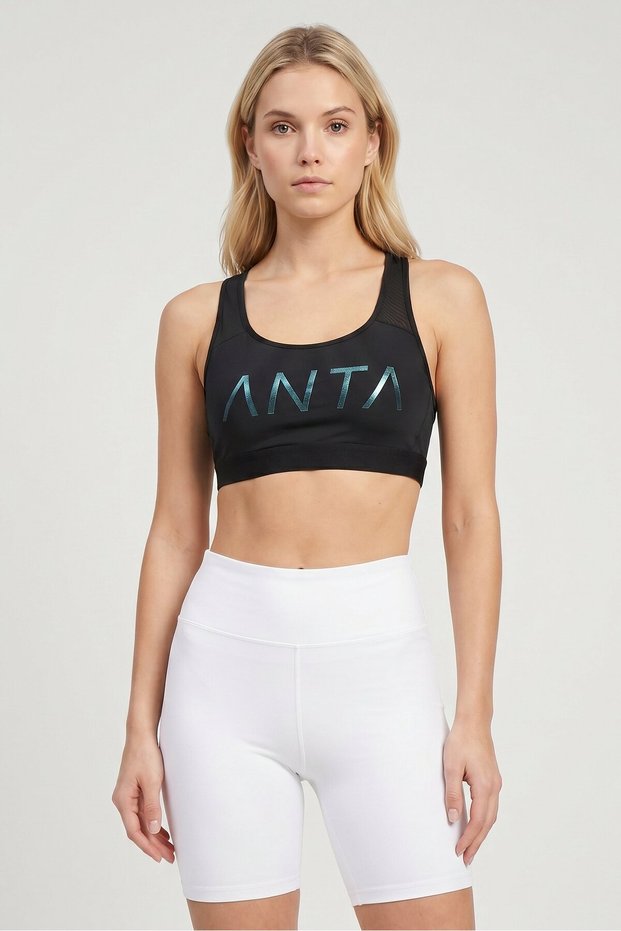 Women Brand Logo Padded Training Sports Bra, Black