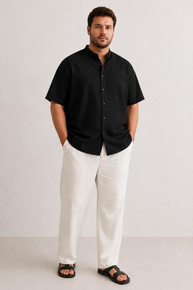 Plus Size Textured Notched Collar Short Sleeve Shirt