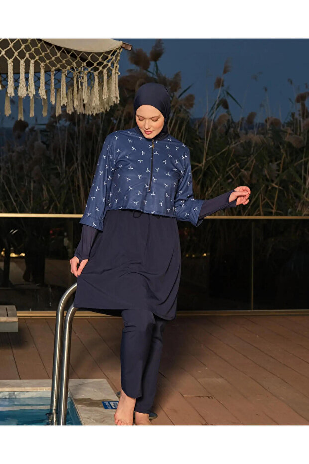 Patterned Full Coverage Hijab Swimsuit - 3043-26 - Navy Blue