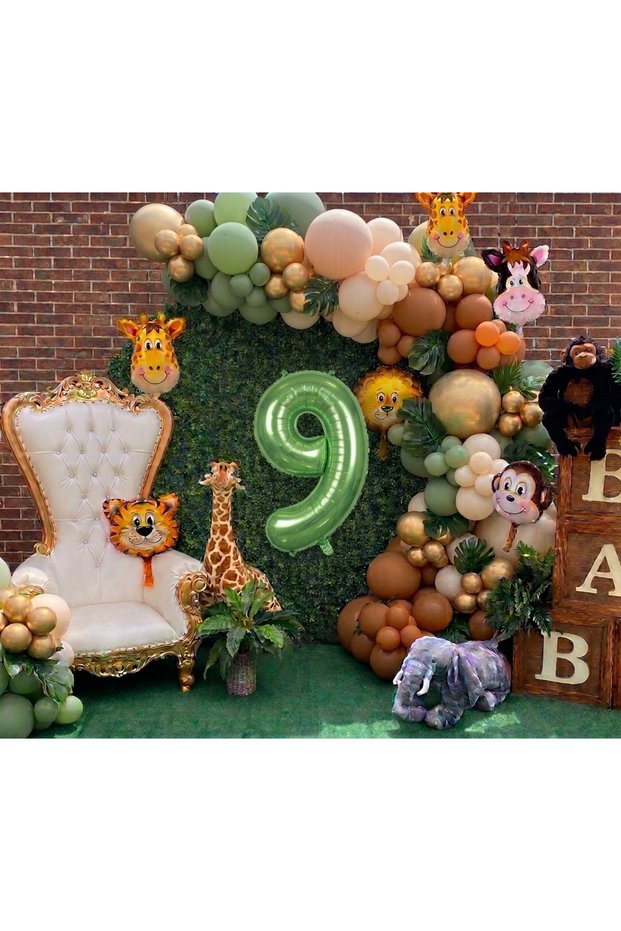 Safari Themed Birthday Decoration Set with 1-Year-Old Number Option, 6 Animal Figures, 40 Balloons, Balloon Chain, Green Background