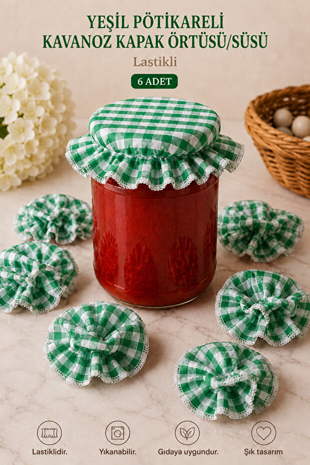 6-Piece Gingham Elastic Jar Lid Cover and Ornament 15X15 cm Jam Pickle Canning Jar Cover