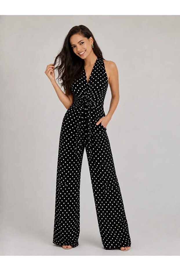 Polka Dot Halter Neck Belted Wide Leg Women's Jumpsuit