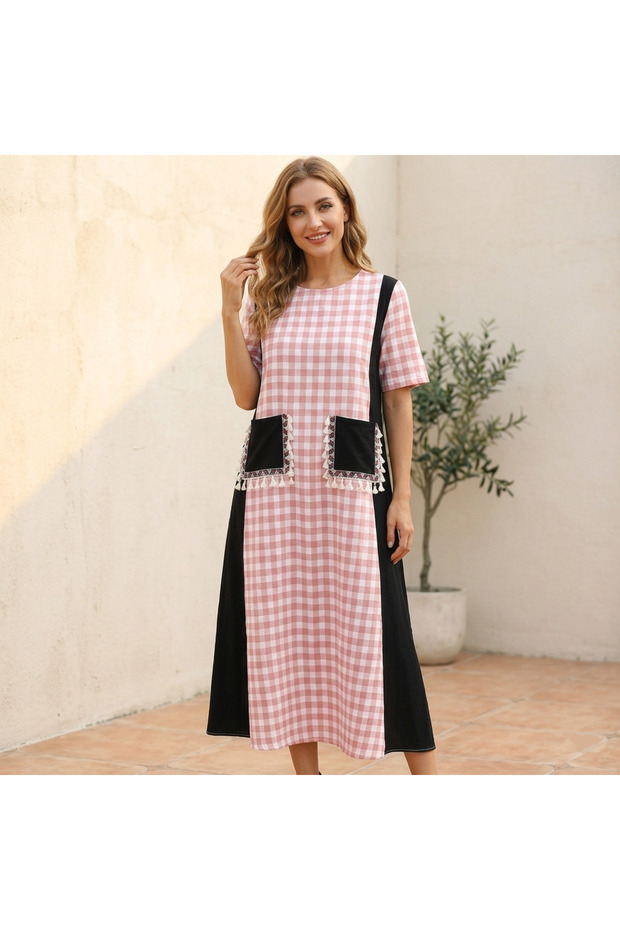 Women's Pink Plaid Round neck Short sleeve Maxi Dress