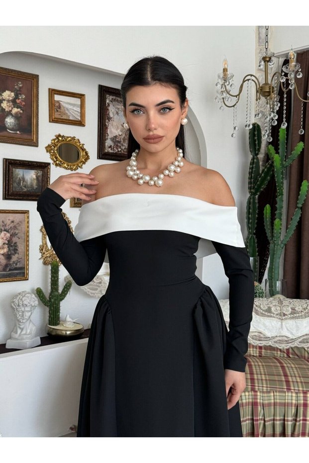 Women's Black Midi Dress Boat Neck Contrast Color Long Sleeve Shirred A-Line