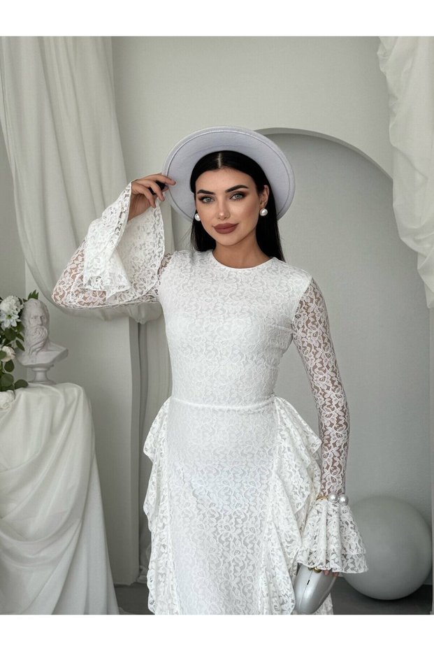 Women's White Lace Midi Dress Crew Neck Long Sleeve Flounce Slim Fit