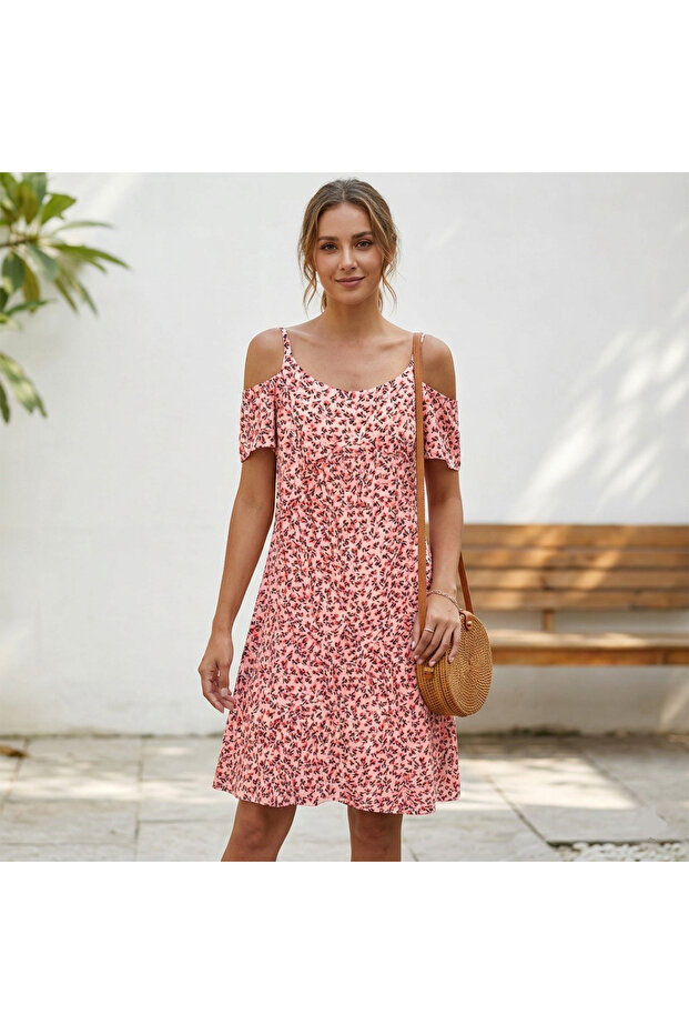 Women's Pink Floral Cold shoulder Midi Dress