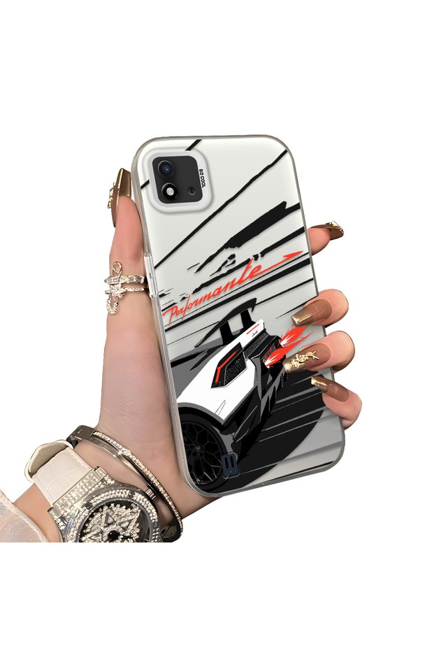 Realme C11 2021 Compatible Stylish Racing Car Pattern Acrylic Back Panel Silicone Edge Shock Absorbing Case