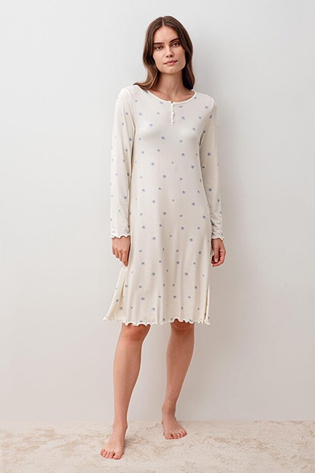 Long Sleeve Buttoned Patterned Lycra Viscose Short Nightgown