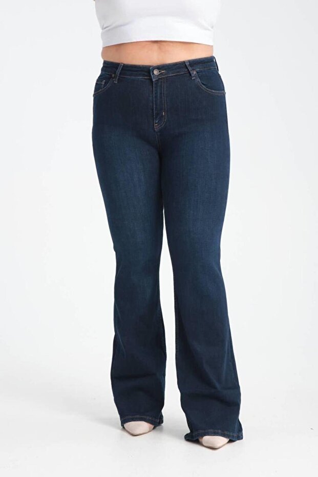 Women's Dark Blue Large Size High Waist Spanish Leg Dark Blue Jean Pants
