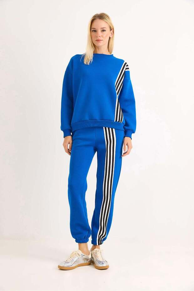 Women's Stripe Embroidered Three-Thread Tracksuit Set Cobalt blue