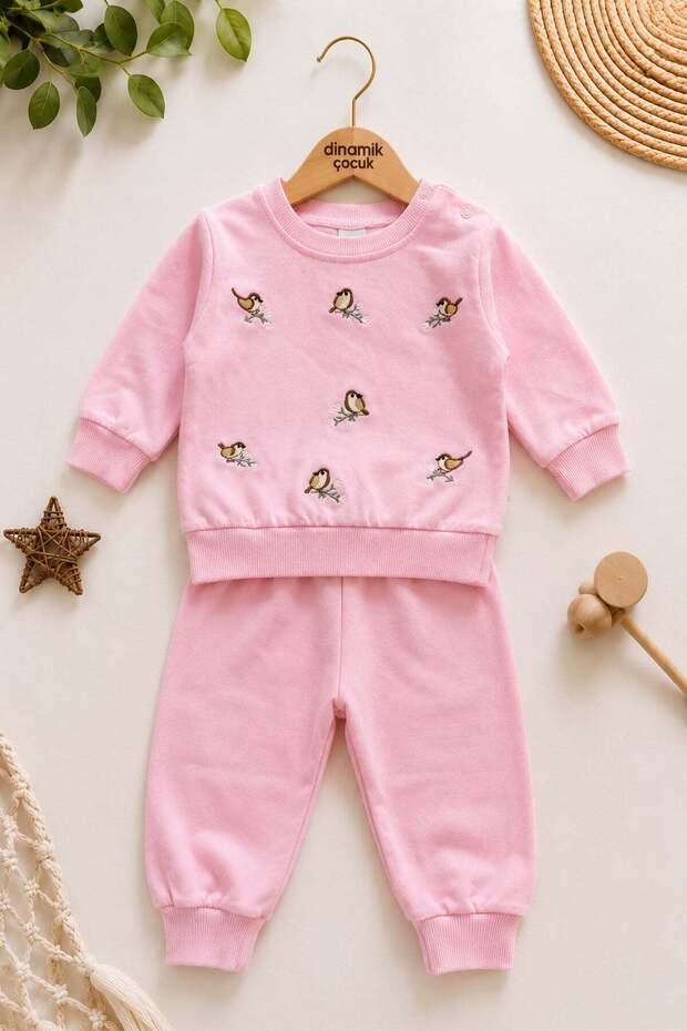Girl baby bird embroidered long sleeve thin seasonal top and bottom 2-piece set 3-6-9-12 months old