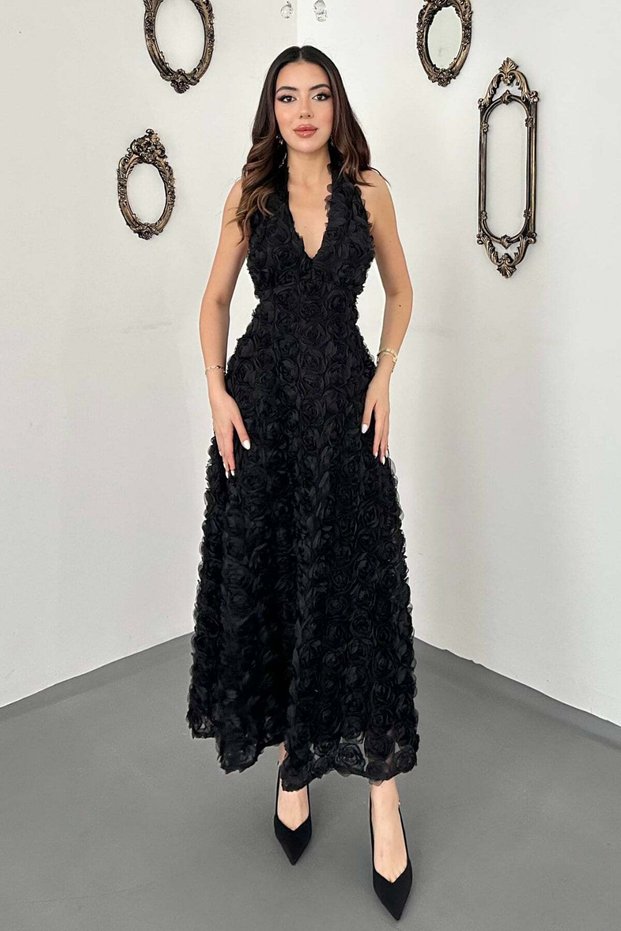 Women's Black Rose Appliqué Halter Neck V-Neck Lined Long Evening Dress