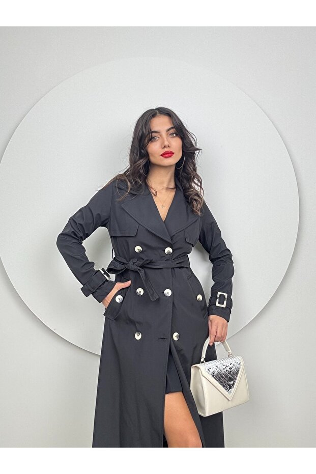 Women's Black - Black Belted Double-Breasted Long Trench Coat Jacket with Lapel Buttons and Pocket Detail