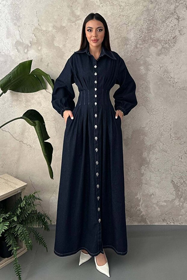 Women's Blue Maxi Denim Dress Shirt Collar Buttoned Pleated Balloon Sleeves with Pockets