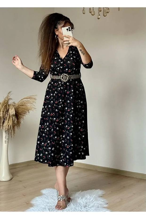 Belted Crispy Floral Midi Dress Black