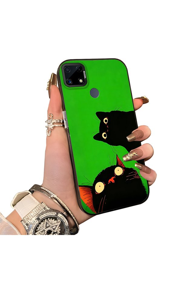 Realme C15/C25/C25S Compatible Hard Acrylic Back Silicone Edge Lens Protection Case Cat