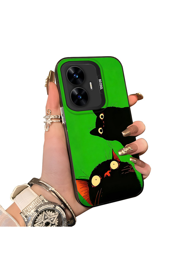 Realme C55 Compatible Hard Acrylic Back Silicone Edge Lens Protection Case Cat