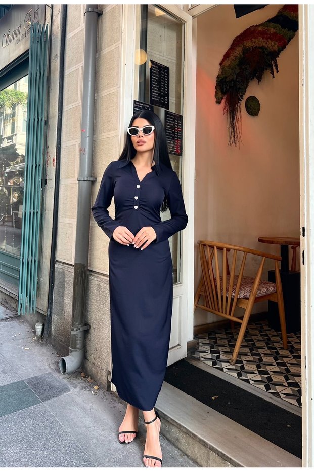 Women's Navy Blue - Dark Blue Shirt Collar Long Sleeve Button Detailed Gathered Midi Dress