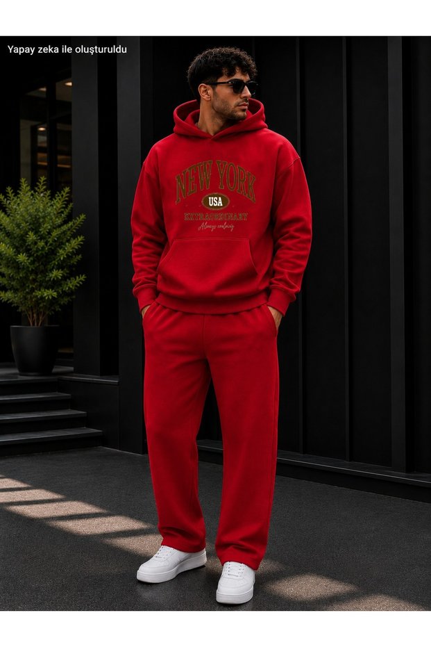 Men's New York Usa Printed Tracksuit Set / Round Neck Cotton Sweatshirt and Straight Leg Bottoms