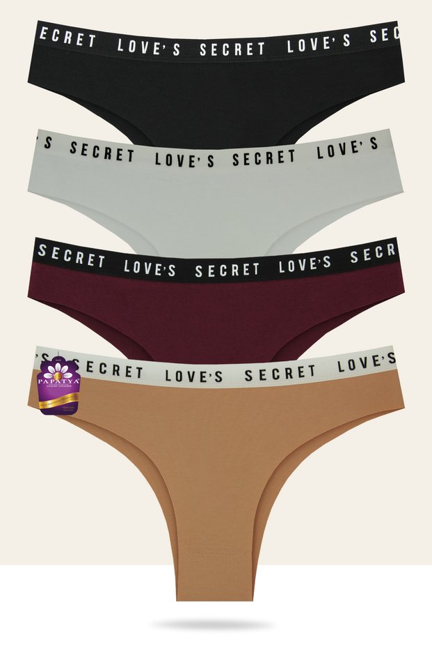 4-Pack Cotton Laser Brazilian Panties - Love Secret Written Waist Elastic W-4640