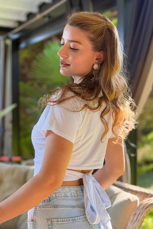 Women's Short Sleeve Crop Blouse with Back Tie Detail, White