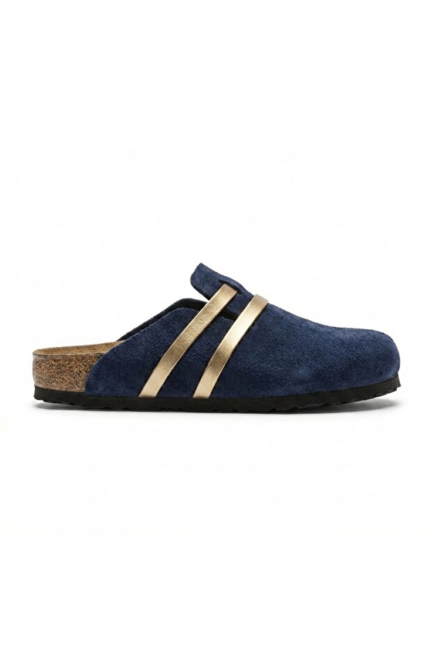 Mc401-Sue Navy Blue Genuine Suede Leather Modular Velcro Striped Unisex Orthopedic Cork Sole Sabo Slippers