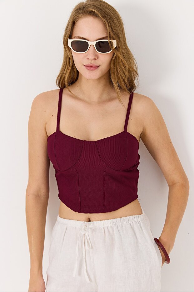 Knitted Crop Blouse with Rope Straps Burgundy