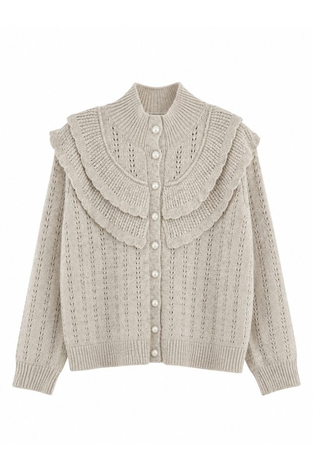 Maisie Ruffle Detailed Pearl Buttoned Knitwear Cardigan Women's Stone Color