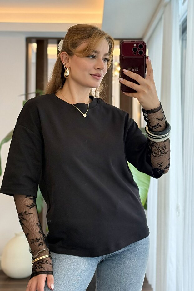Black Lace Sleeve Interlock Oversize T-Shirt