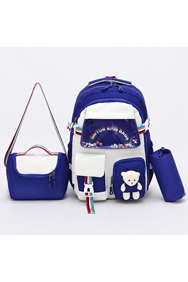 Girl's 3-piece school bag set - backpack with teddy bear, lunch bag and pencil case