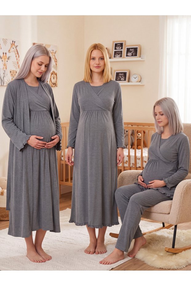 New Season Smoked Double-Breasted Breastfeeding-Friendly Design Long Sleeve 100% Cotton Maternity Nightgown Pajama Set 4-Piece Set