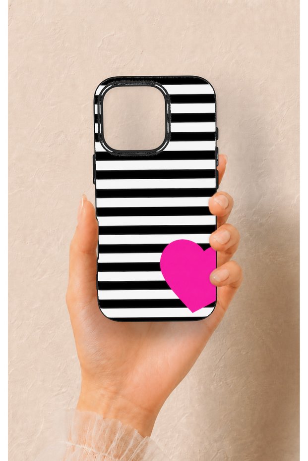 iPhone 16 Pro Compatible Striped Heart Pattern Silicone Case