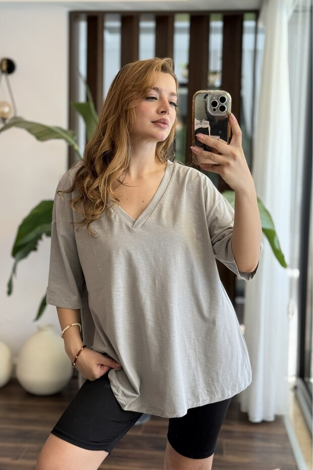 Women's V-Neck Oversize Casual Tshirt Gray