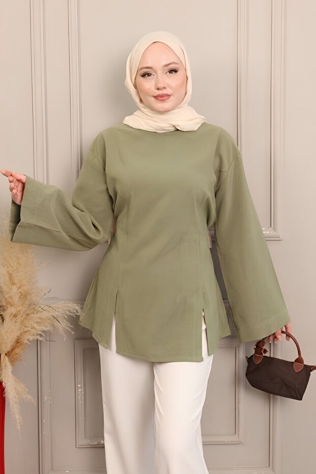Green Women's Modal Fabric Double Slit Detailed Tie-Back Tunic | Long Sleeve Comfortable Fit Draped Hijab Tunic | Casual Stylish Modern Women's Tops Elegant Design Comfortable Model