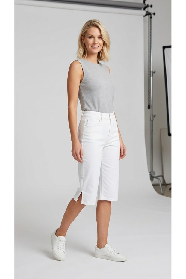 Lenithra Women's High Waist White Ultra Stretchy Lycra Capri with Slit Detail