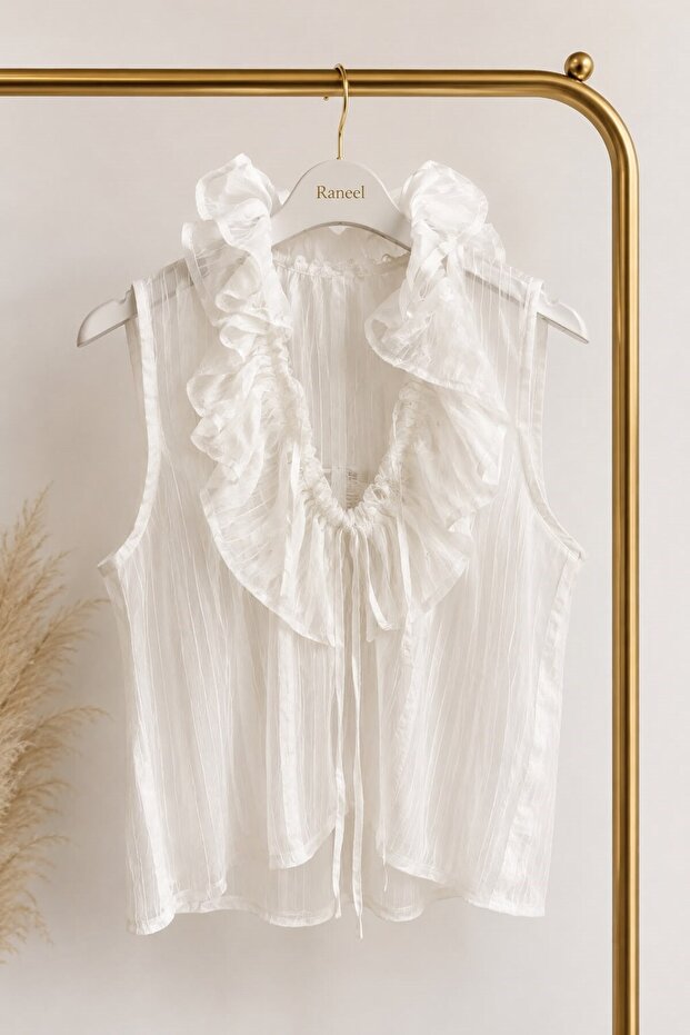Women's Ruffled Transparent Crew Neck Blouse White