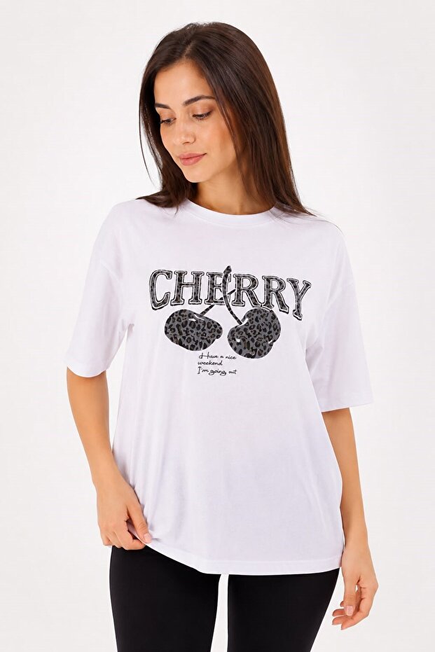 Women's Leopard Patterned Cherry Printed Cotton Tshirt White