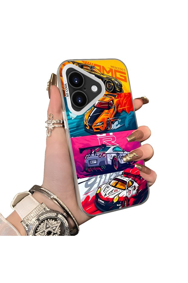 iPhone 16 Plus Gtr Racing Car Themed Stylish Case Hard Acrylic Back Soft Silicone Edge Shockproof Case