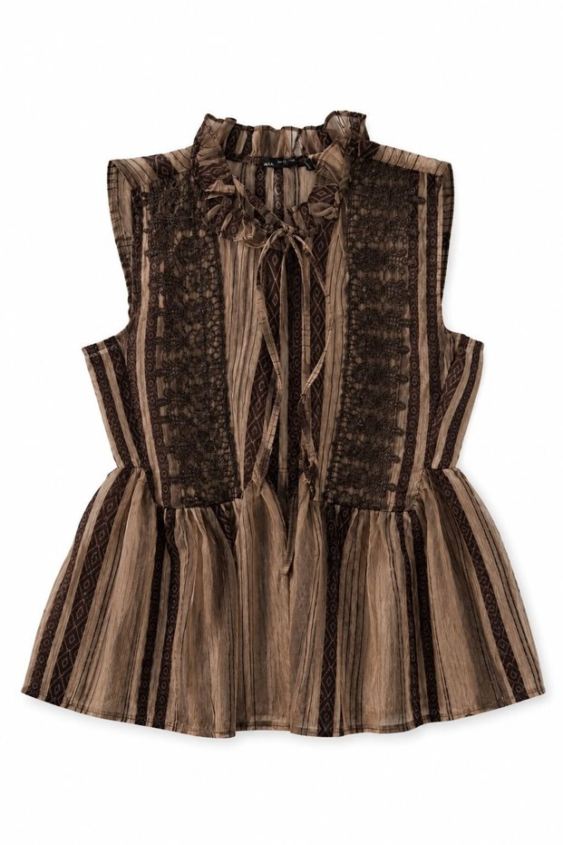 Women's Crew Neck Lace Embroidered Ruffle Blouse Brown