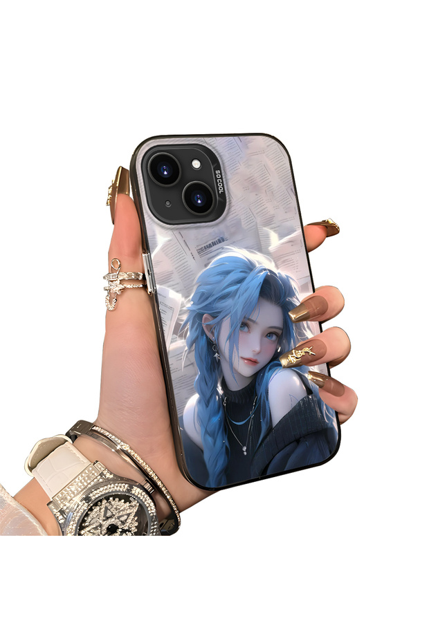 iPhone 14 Plus/15 Plus Compatible Blue Haired Anime Girl Patterned Acrylic Back Silicone Edge Phone Case
